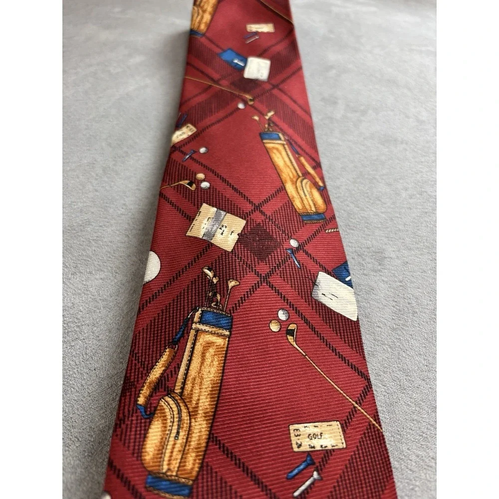 Vintage Lands End Silk‎ Novelty Golf Neck Tie Plaid Teacher USA Coach Preppy Dad